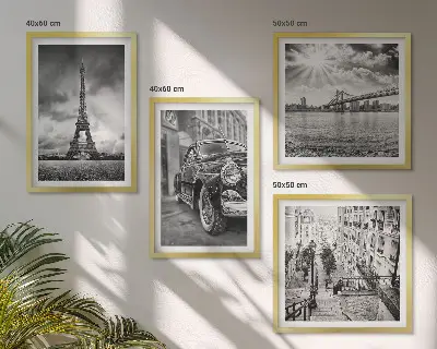 Composizione di 4 quadri con panorami urbani, ponti, Torre Eiffel e auto