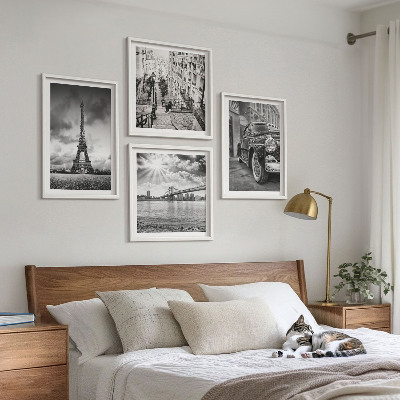 Composizione di 4 quadri Panorami della città, ponti, Torre Eiffel, auto