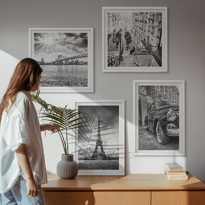 Composizione di 4 quadri Panorami della città, ponti, Torre Eiffel, auto