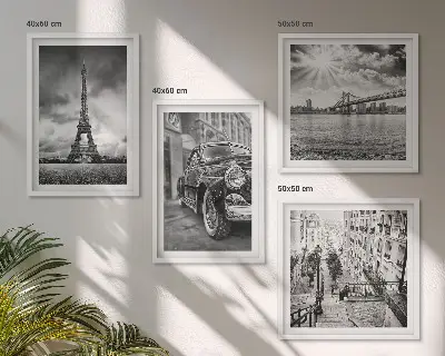 Composizione di 4 quadri con panorami urbani, ponti, Torre Eiffel e auto