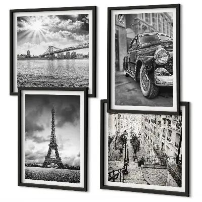 Composizione di 4 quadri con panorami urbani, ponti, Torre Eiffel e auto