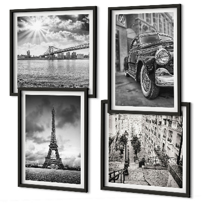 Composizione di 4 quadri Panorami della città, ponti, Torre Eiffel, auto