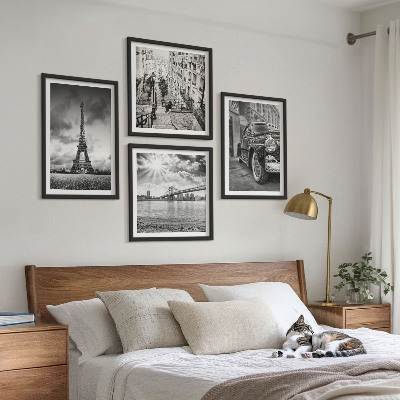Composizione di 4 quadri Panorami della città, ponti, Torre Eiffel, auto