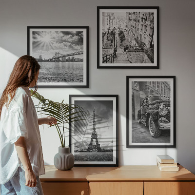 Composizione di 4 quadri Panorami della città, ponti, Torre Eiffel, auto