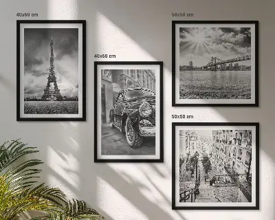 Composizione di 4 quadri con panorami urbani, ponti, Torre Eiffel e auto