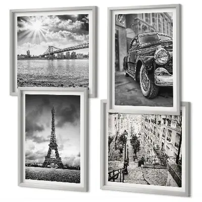 Composizione di 4 quadri con panorami urbani, ponti, Torre Eiffel e auto