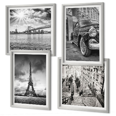 Composizione di 4 quadri Panorami della città, ponti, Torre Eiffel, auto