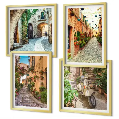 Composizione di 4 quadri con incantevoli strade e fiori italiani