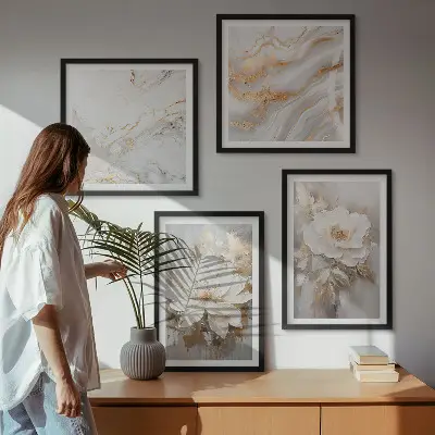 Composizione di 4 quadri fiori astratti con effetto marmo