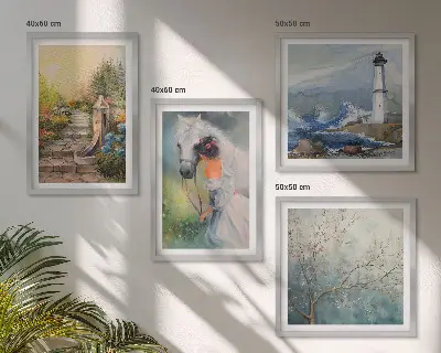 Galleria a parete faro con paesaggio ragazza e cavallo