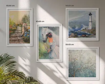 Galleria a parete faro con paesaggio ragazza e cavallo