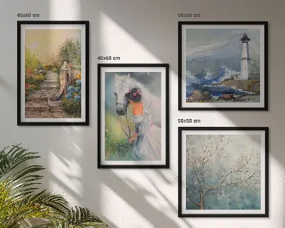 Galleria a parete faro con paesaggio ragazza e cavallo