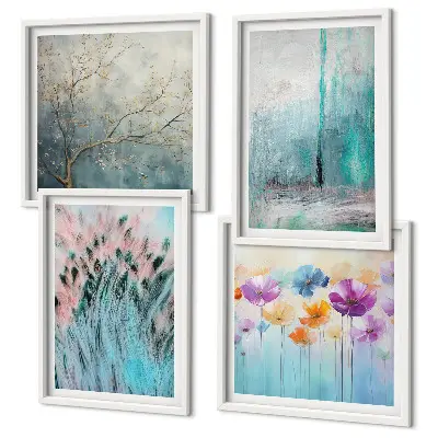 Composizione di 4 quadri con sfondo a motivi floreali dai colori pastello