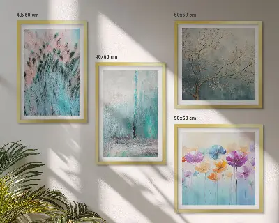 Composizione di 4 quadri con sfondo a motivi floreali dai colori pastello