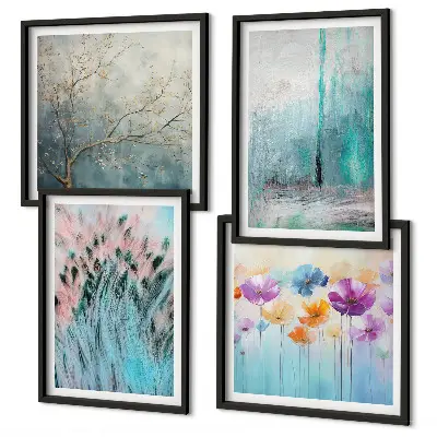 Composizione di 4 quadri con sfondo a motivi floreali dai colori pastello