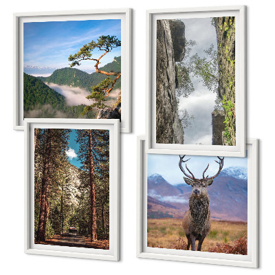 Composizione di 4 quadri Strada foresta montagne cervo natura