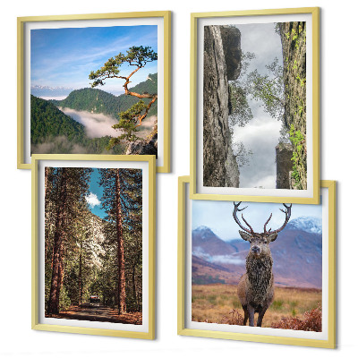 Composizione di 4 quadri Strada foresta montagne cervo natura