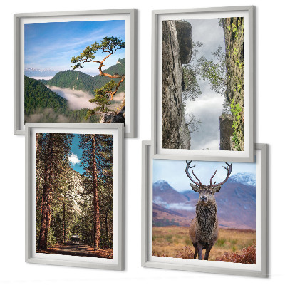 Composizione di 4 quadri Strada foresta montagne cervo natura