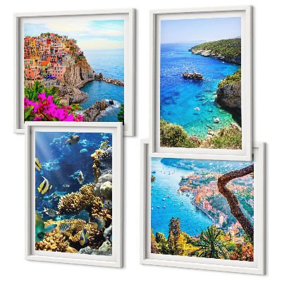 Composizione di 4 quadri Vista sul mare, case colorate