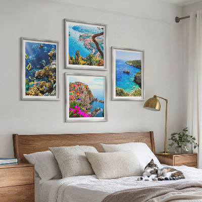 Composizione di 4 quadri Vista sul mare, case colorate