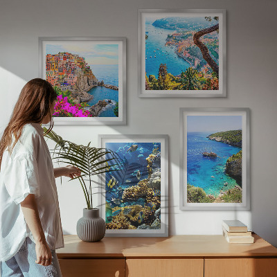 Composizione di 4 quadri Vista sul mare, case colorate