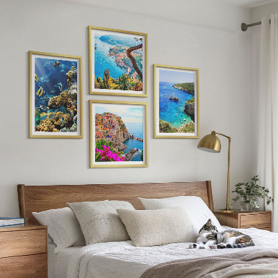 Composizione di 4 quadri Vista sul mare, case colorate