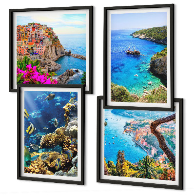 Composizione di 4 quadri Vista sul mare, case colorate
