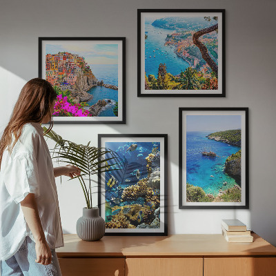 Composizione di 4 quadri Vista sul mare, case colorate
