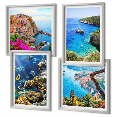 Composizione di 4 quadri Vista sul mare, case colorate