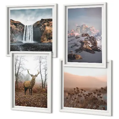 Composizione di 4 quadri paesaggi selvaggi con montagne e cervi