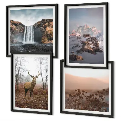 Composizione di 4 quadri paesaggi selvaggi con montagne e cervi