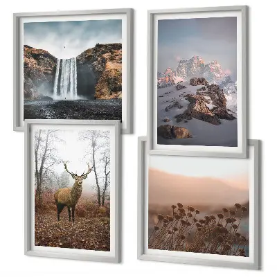 Composizione di 4 quadri paesaggi selvaggi con montagne e cervi
