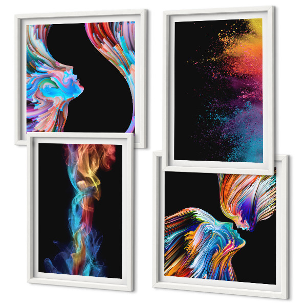 Composizione di 4 quadri Astrazioni colorate volti forme