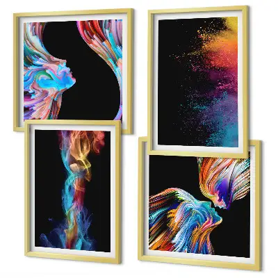 Composizione di 4 quadri con stampe di astrazioni, volti e forme colorate
