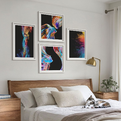 Composizione di 4 quadri Astrazioni colorate volti forme