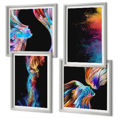 Composizione di 4 quadri con stampe di astrazioni, volti e forme colorate