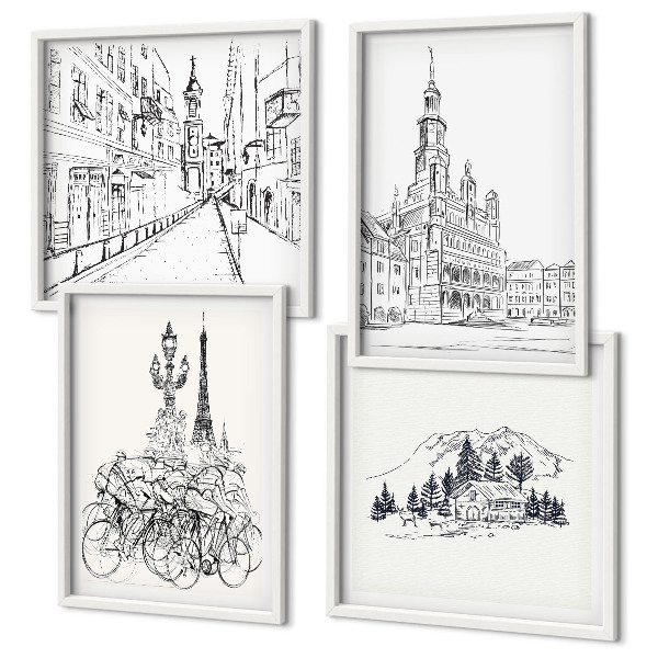 Composizione di 4 quadri Disegni semplici di scorci cittadini