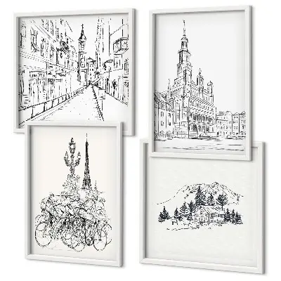 Composizione di 4 quadri con disegni semplici di scorci cittadini