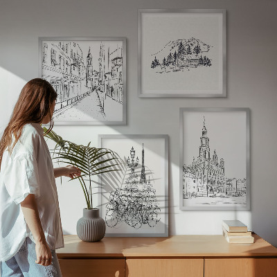 Composizione di 4 quadri Disegni semplici di scorci cittadini