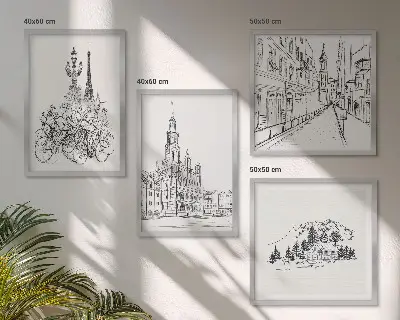 Composizione di 4 quadri con disegni semplici di scorci cittadini