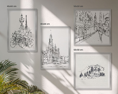 Composizione di 4 quadri Disegni semplici di scorci cittadini