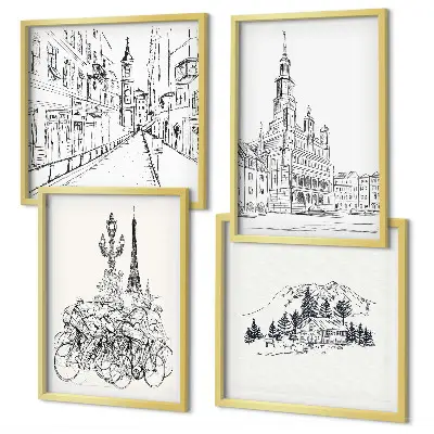 Composizione di 4 quadri con disegni semplici di scorci cittadini