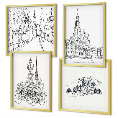 Composizione di 4 quadri Disegni semplici di scorci cittadini