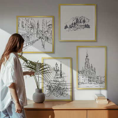 Composizione di 4 quadri Disegni semplici di scorci cittadini
