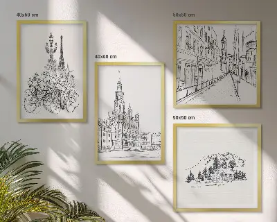 Composizione di 4 quadri con disegni semplici di scorci cittadini