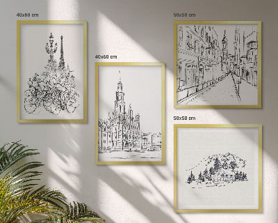Composizione di 4 quadri Disegni semplici di scorci cittadini