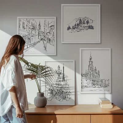 Composizione di 4 quadri Disegni semplici di scorci cittadini
