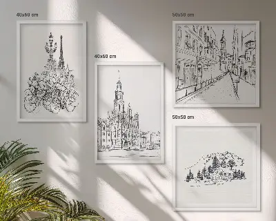 Composizione di 4 quadri con disegni semplici di scorci cittadini