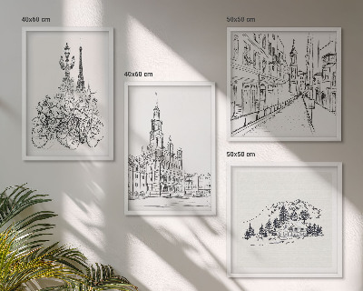 Composizione di 4 quadri Disegni semplici di scorci cittadini