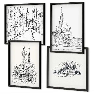 Composizione di 4 quadri con disegni semplici di scorci cittadini